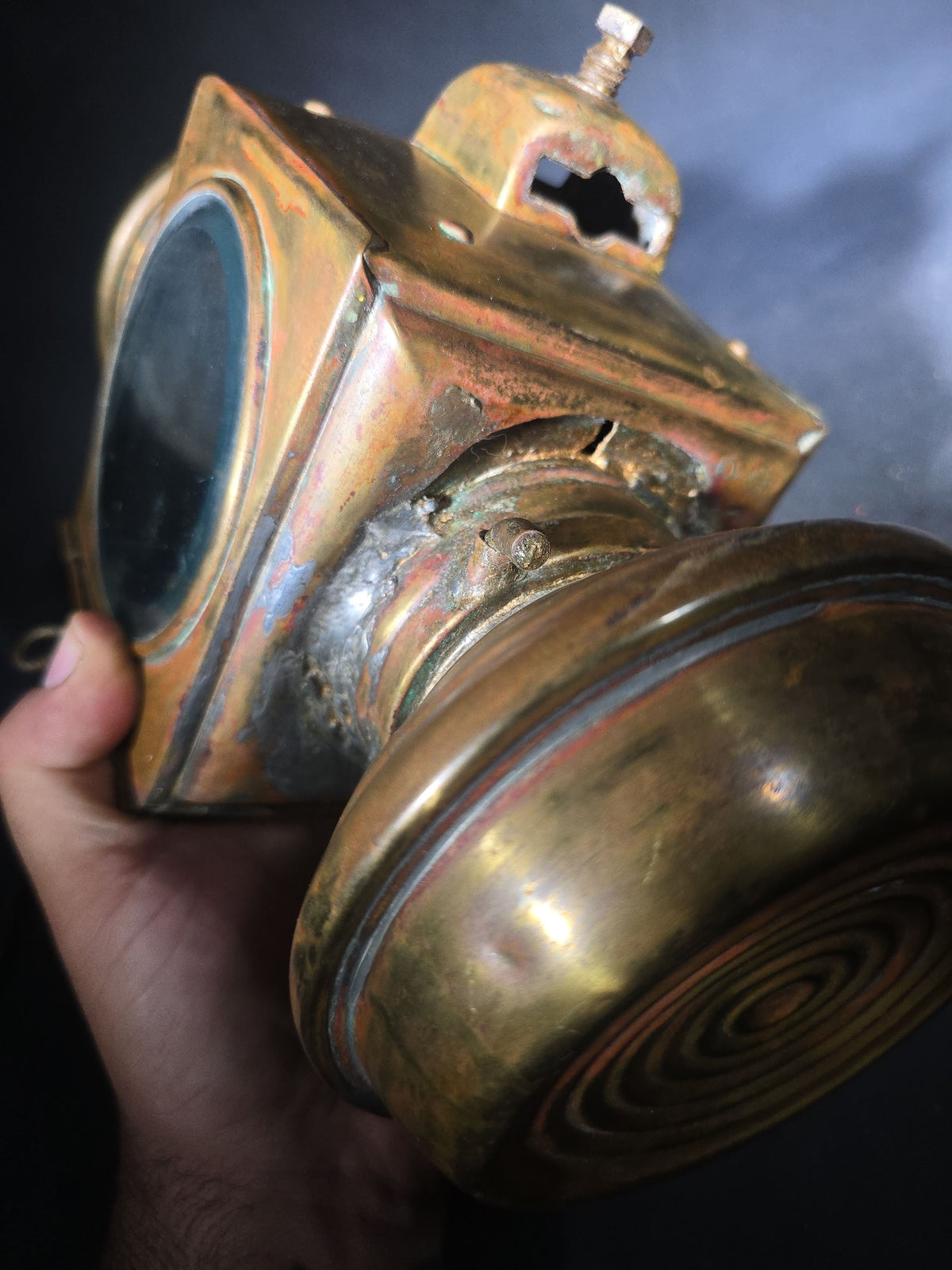 Antique Brass Automobile Side Lamp with Round Bull's-Eye Lens and Red Rear Jewel, Manufactured by E. & J., Detroit, Michigan, Patented December 9, 1908