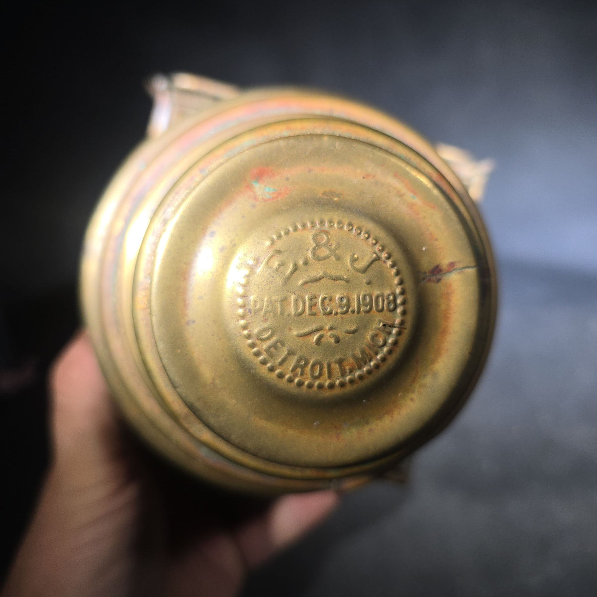 Antique Brass Automobile Side Lamp with Round Bull's-Eye Lens and Red Rear Jewel, Manufactured by E. & J., Detroit, Michigan, Patented December 9, 1908
