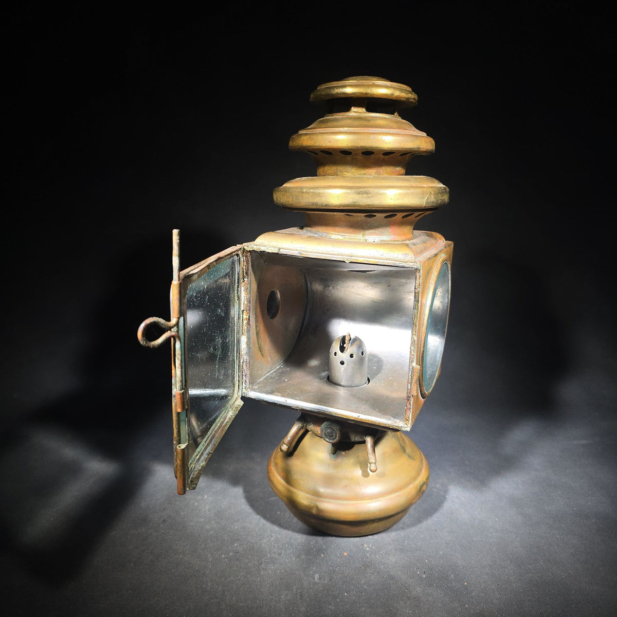 Antique Brass Automobile Side Lamp with Round Bull's-Eye Lens and Red Rear Jewel, Manufactured by E. & J., Detroit, Michigan, Patented December 9, 1908