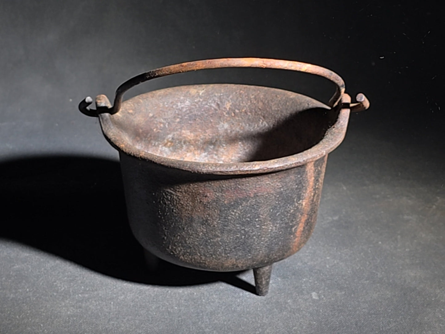 Antique Miniature Cast Iron Three-Legged Kettle with Bail Handle