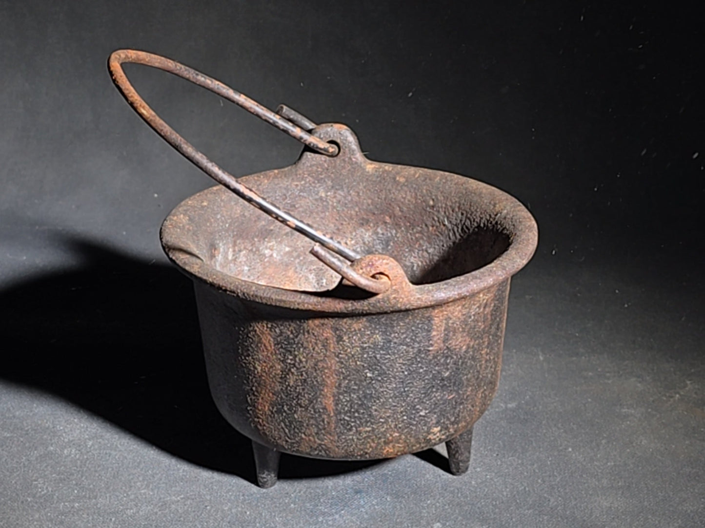 Antique Miniature Cast Iron Three-Legged Kettle with Bail Handle