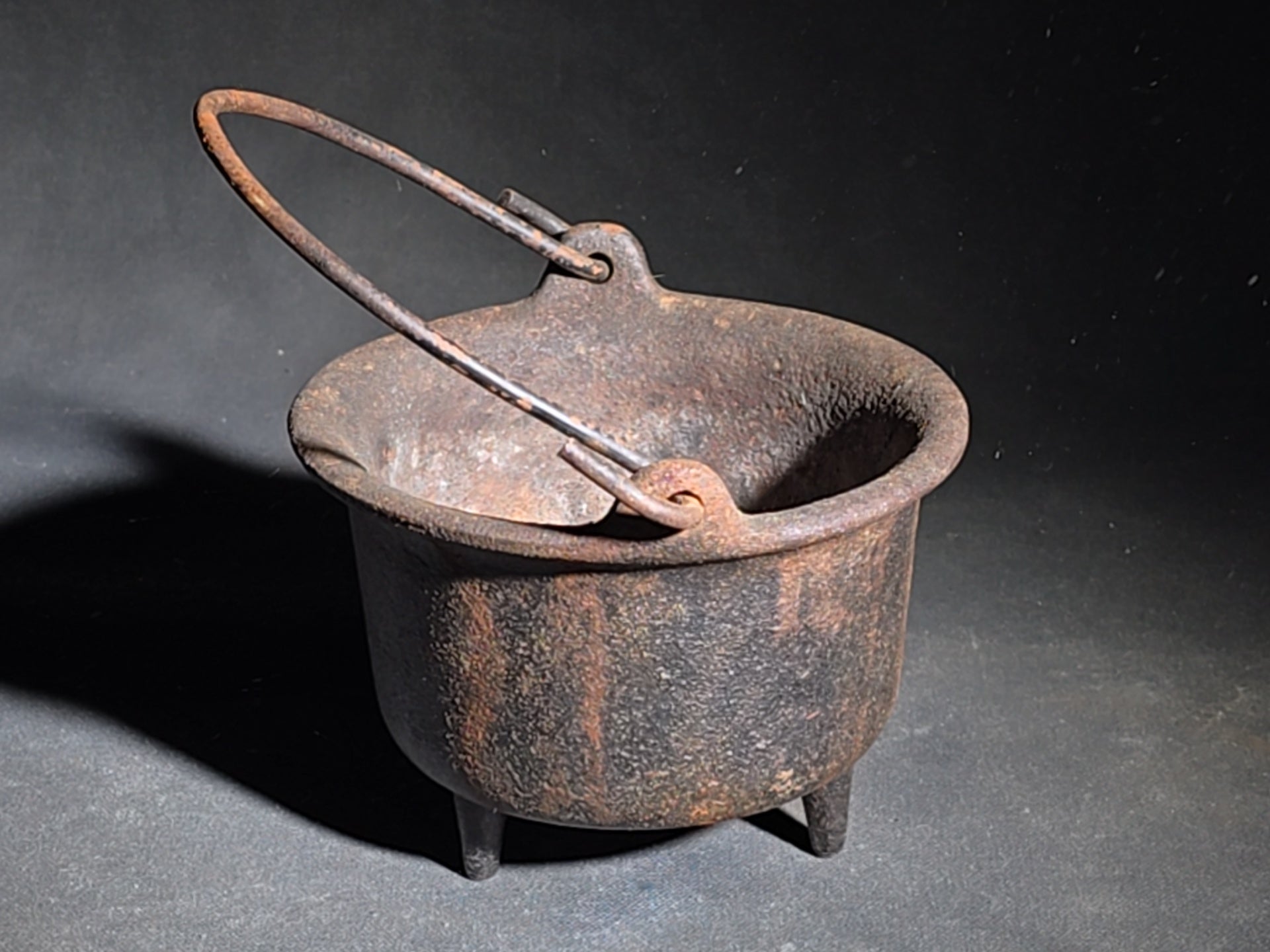 Antique Miniature Cast Iron Three-Legged Kettle with Bail Handle