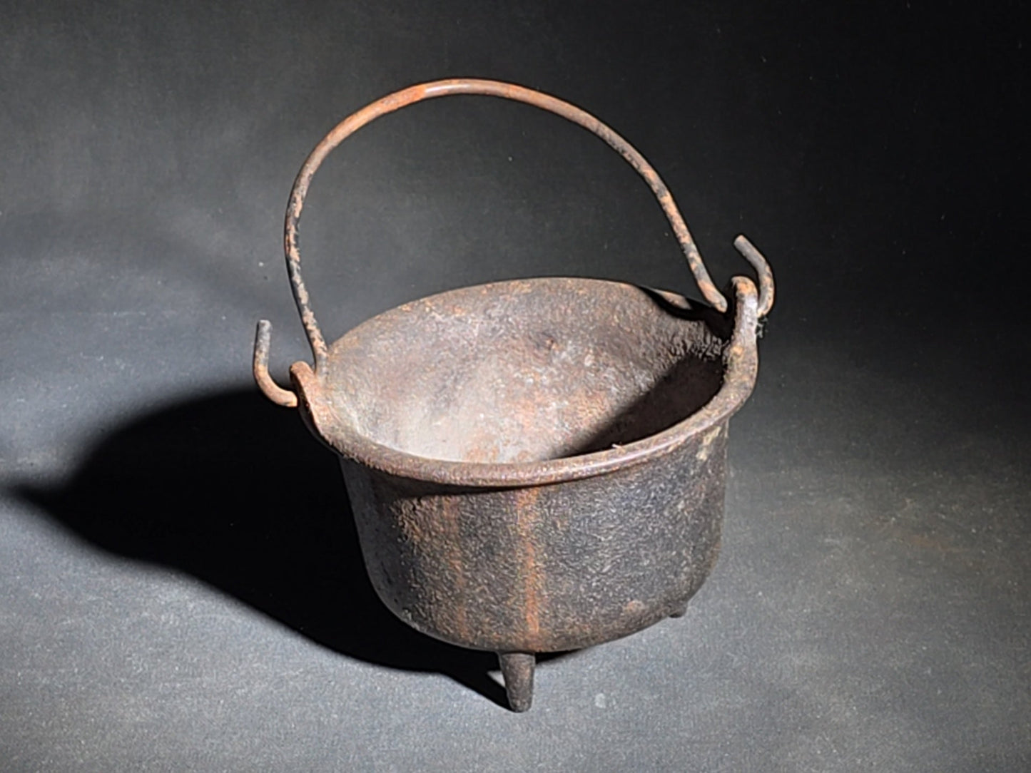 Antique Miniature Cast Iron Three-Legged Kettle with Bail Handle
