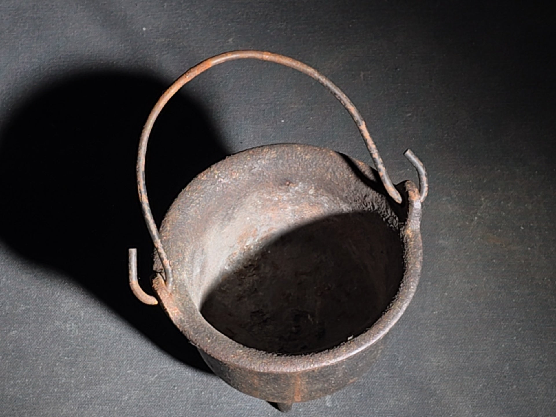 Antique Miniature Cast Iron Three-Legged Kettle with Bail Handle