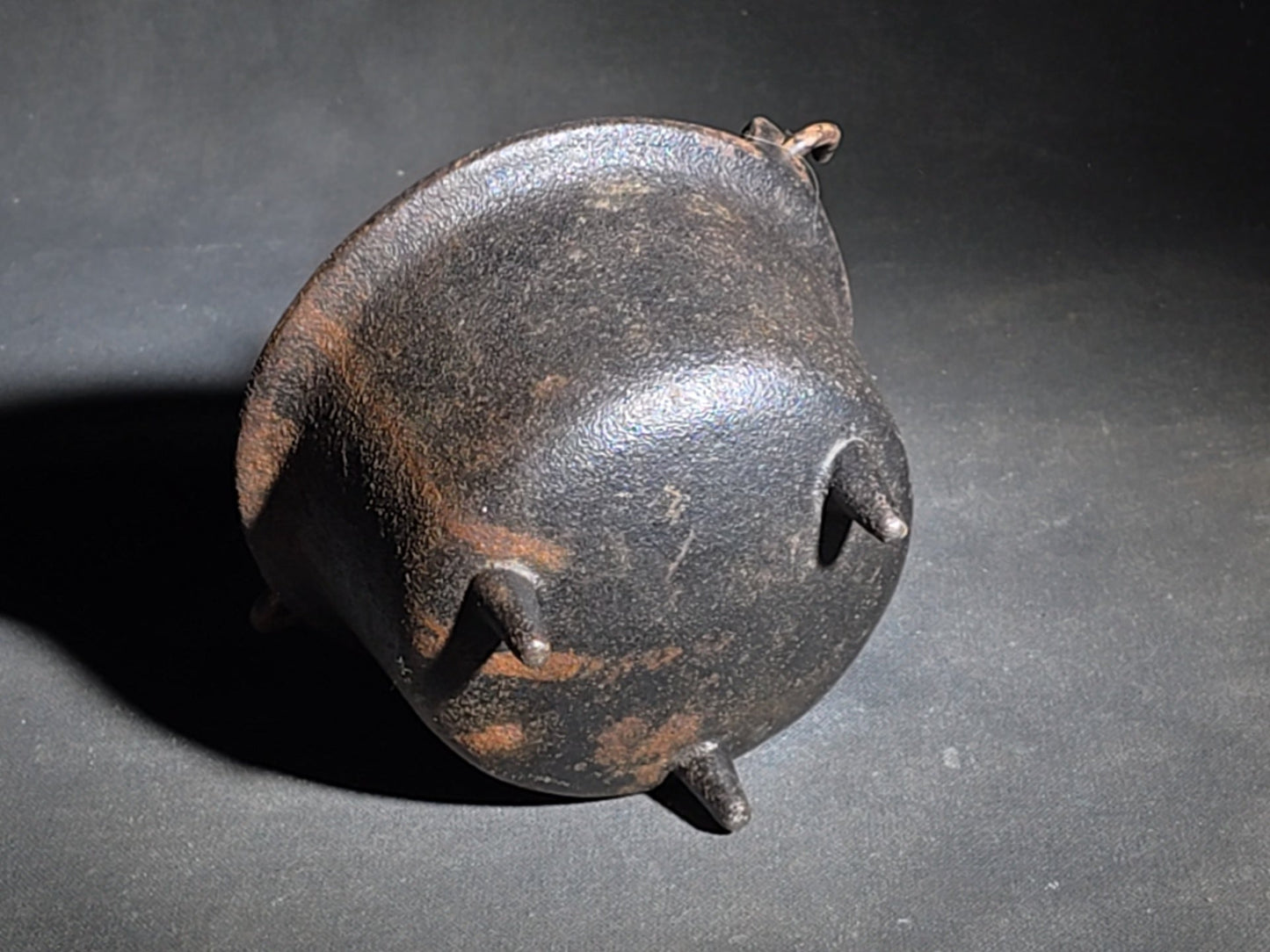 Antique Miniature Cast Iron Three-Legged Kettle with Bail Handle