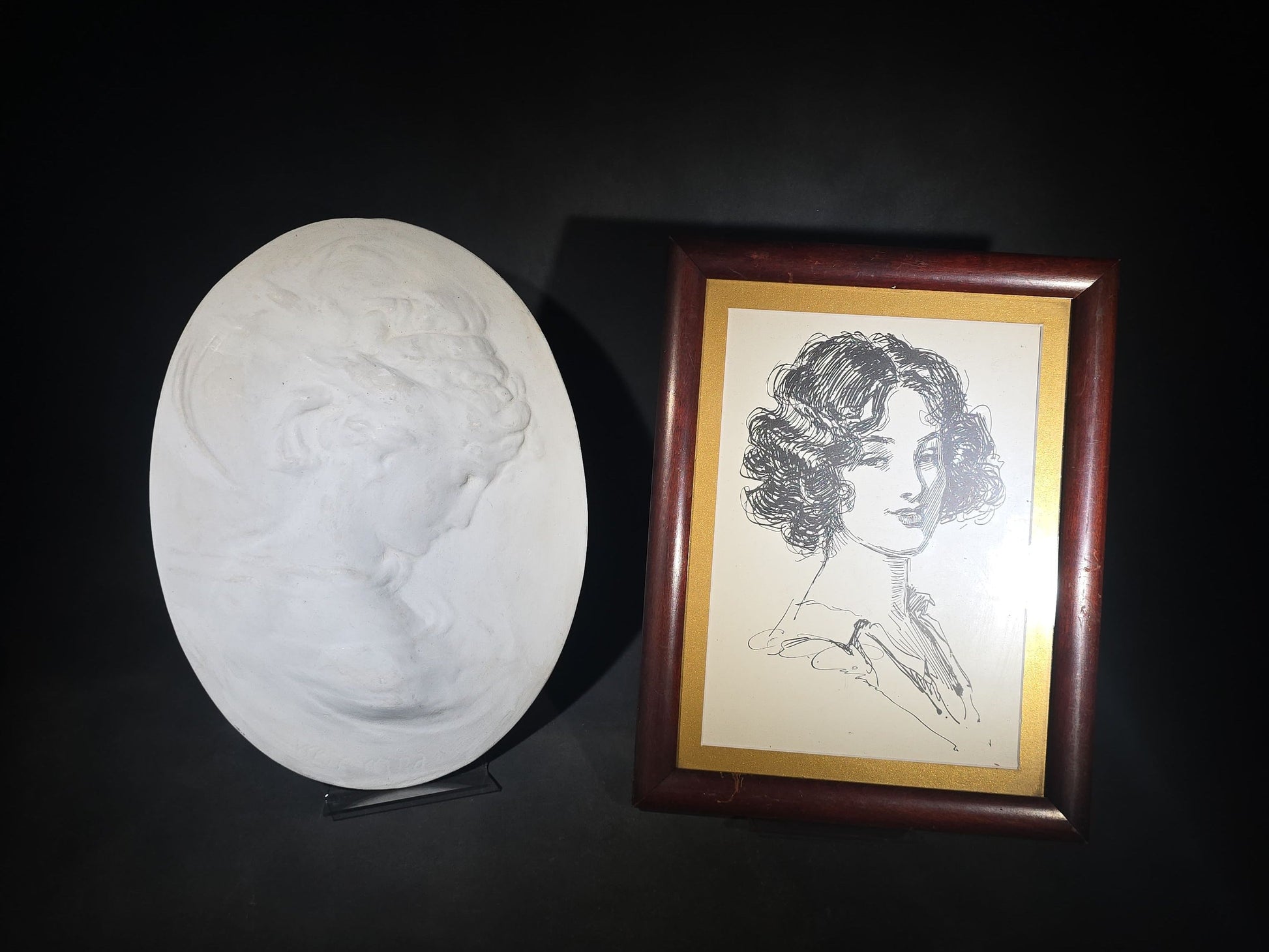 Pair of Vintage Portrait Items including Framed Charles Dana Gibson Ink Drawing Print and Oval Plaster Relief Wall Plaque