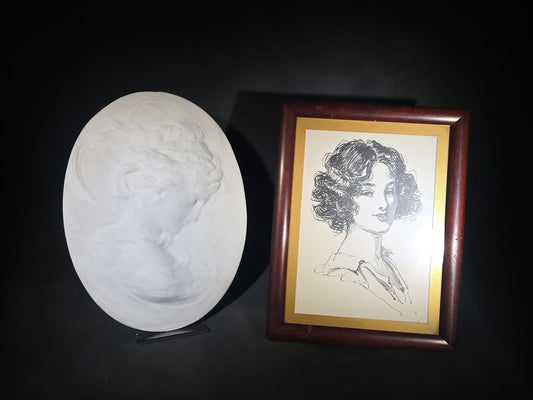 Pair of Vintage Portrait Items including Framed Charles Dana Gibson Ink Drawing Print and Oval Plaster Relief Wall Plaque