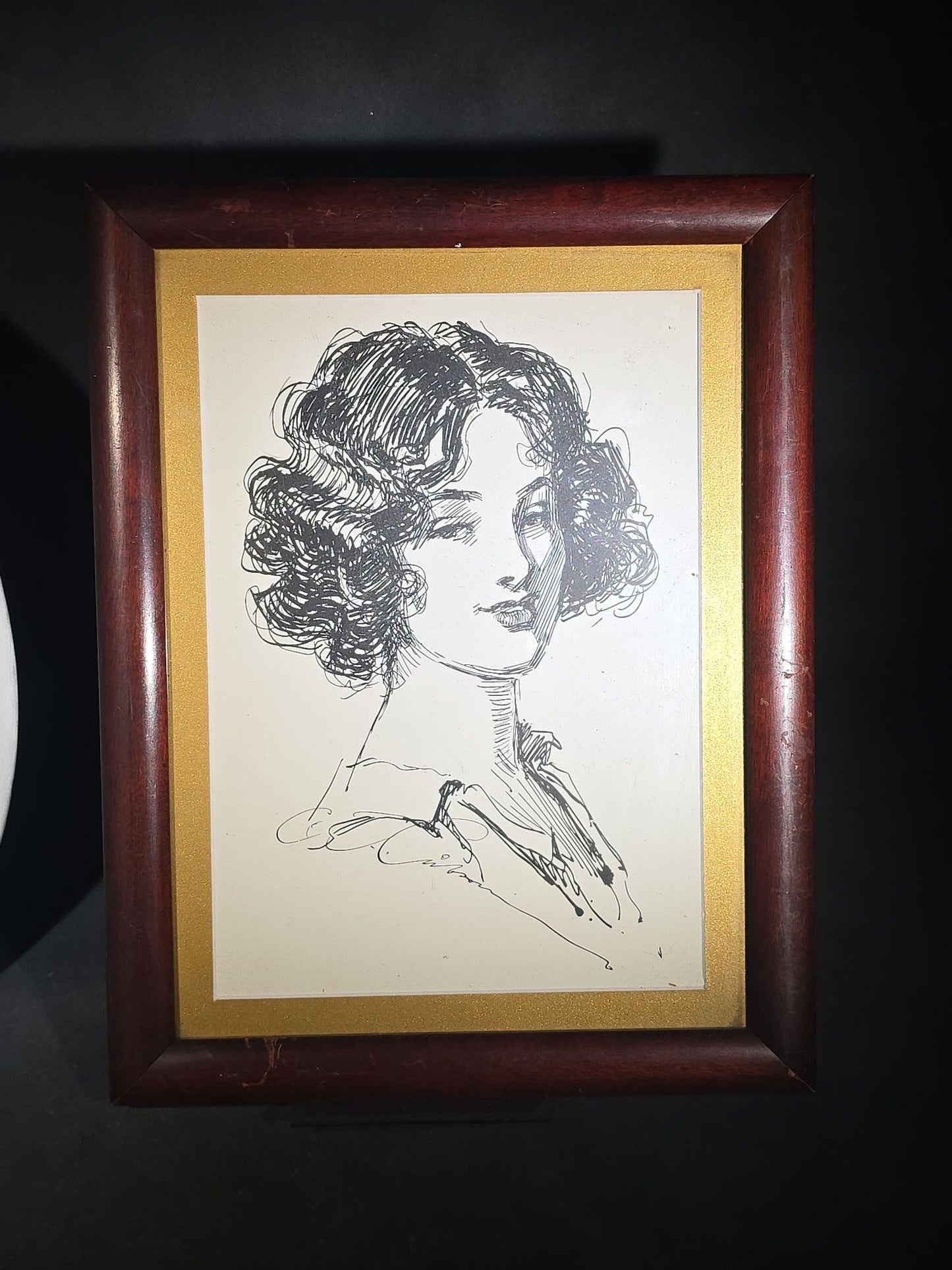 Pair of Vintage Portrait Items including Framed Charles Dana Gibson Ink Drawing Print and Oval Plaster Relief Wall Plaque