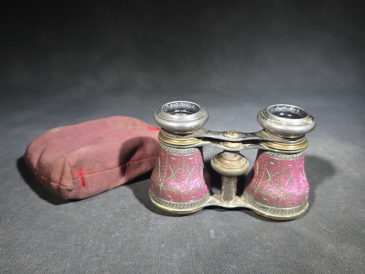 Antique Enameled Opera Glasses with Fabric Pouch, Manufactured by Chevalier, Paris