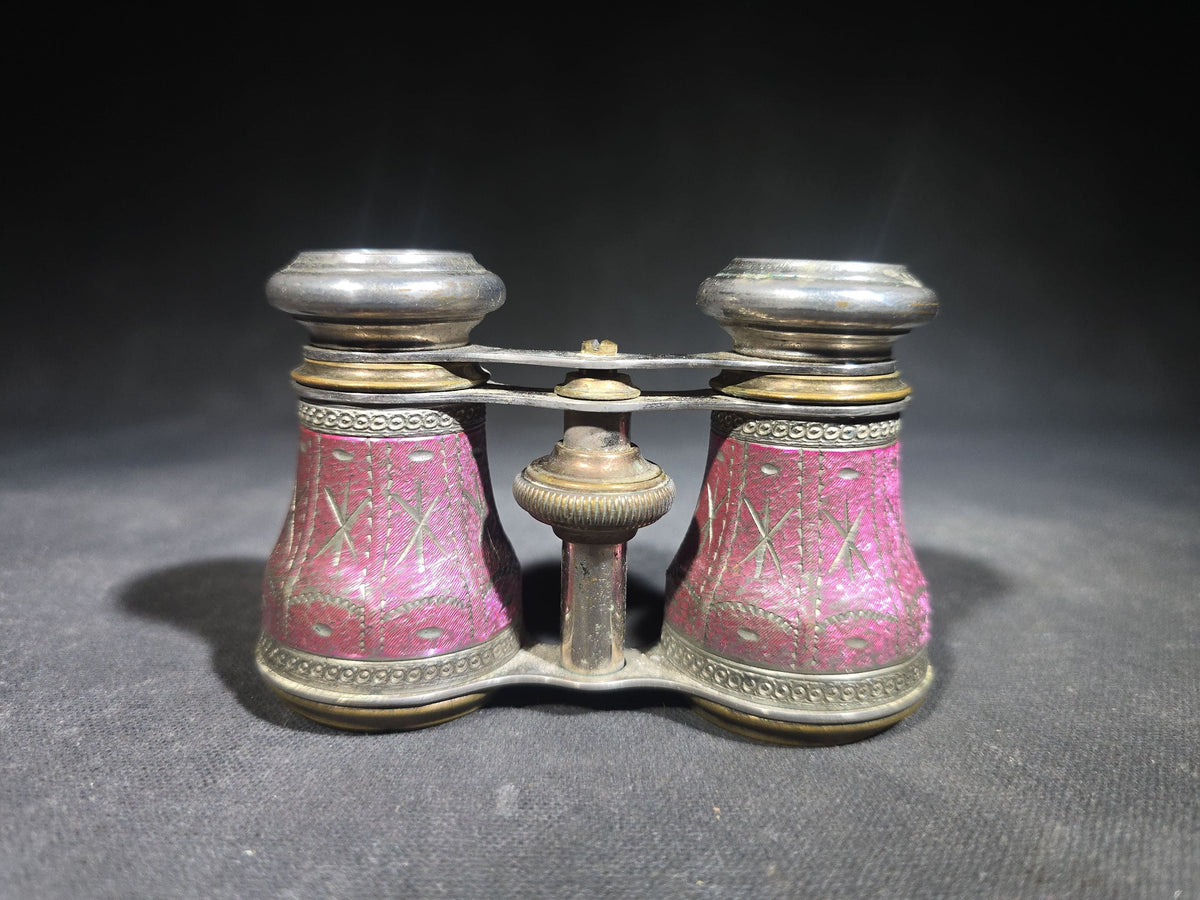 Antique Enameled Opera Glasses with Fabric Pouch, Manufactured by Chevalier, Paris