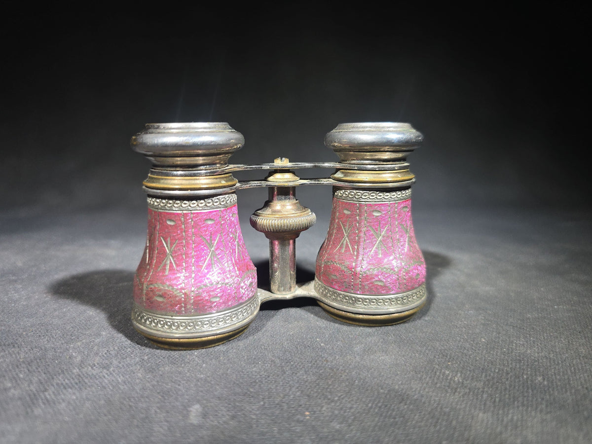Antique Enameled Opera Glasses with Fabric Pouch, Manufactured by Chevalier, Paris