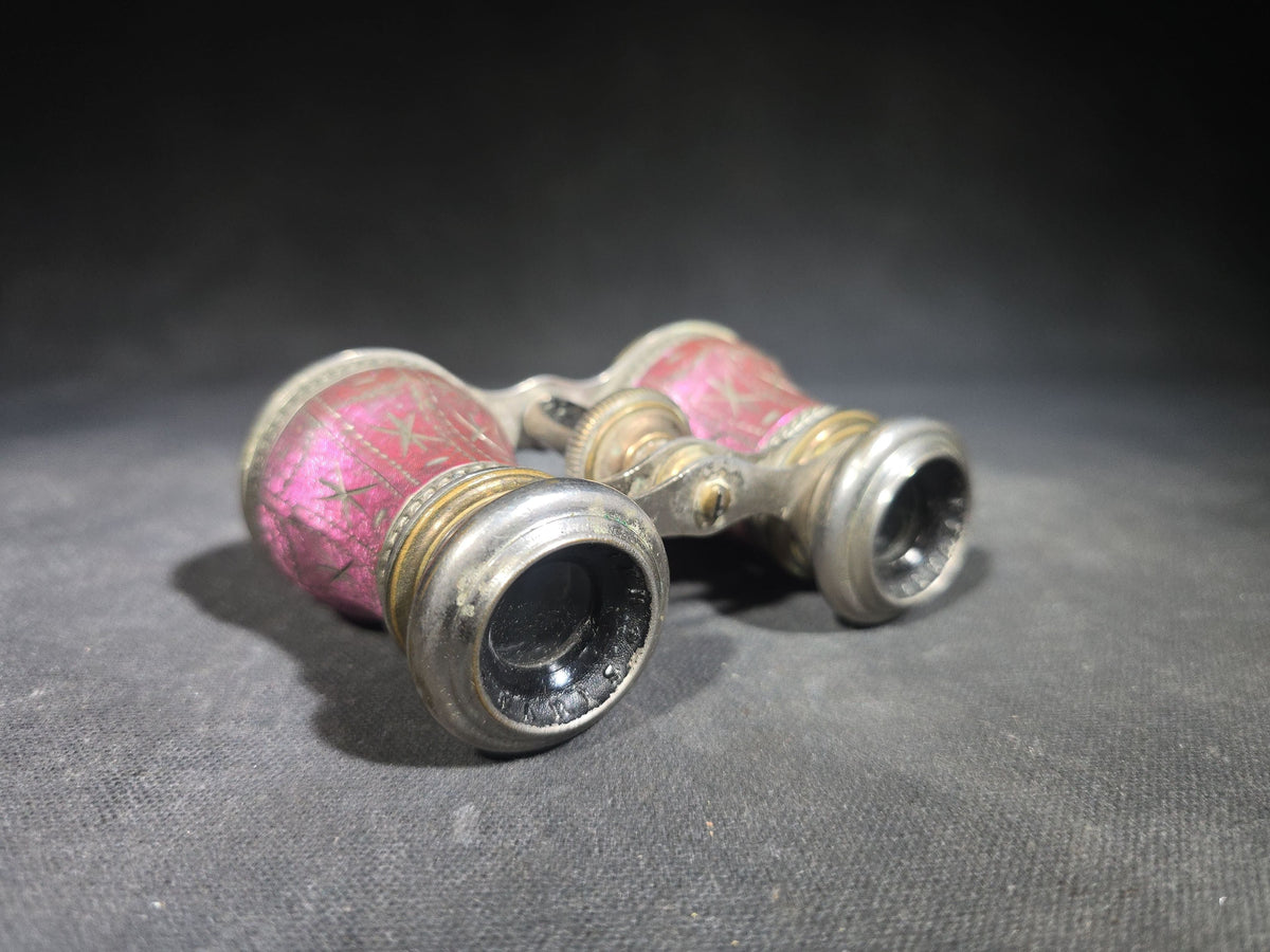 Antique Enameled Opera Glasses with Fabric Pouch, Manufactured by Chevalier, Paris