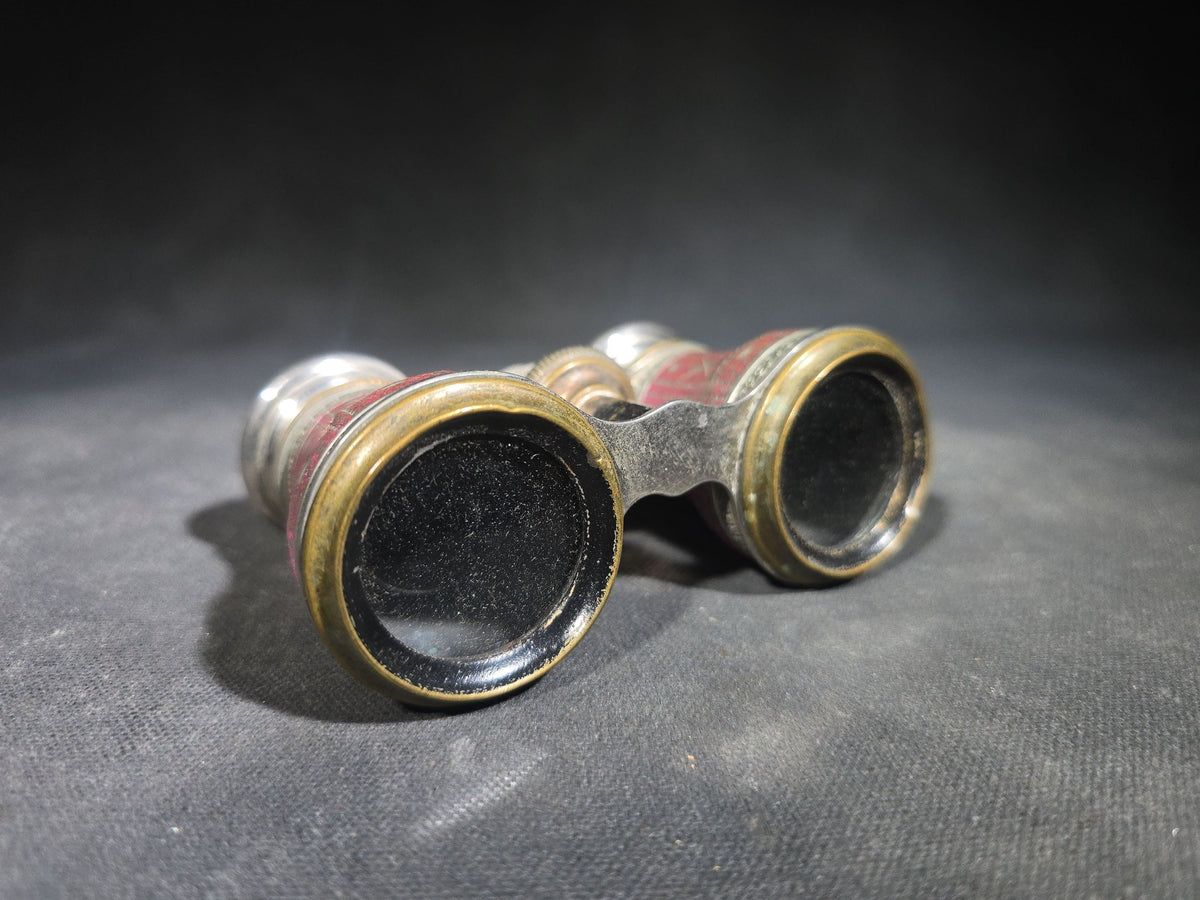 Antique Enameled Opera Glasses with Fabric Pouch, Manufactured by Chevalier, Paris
