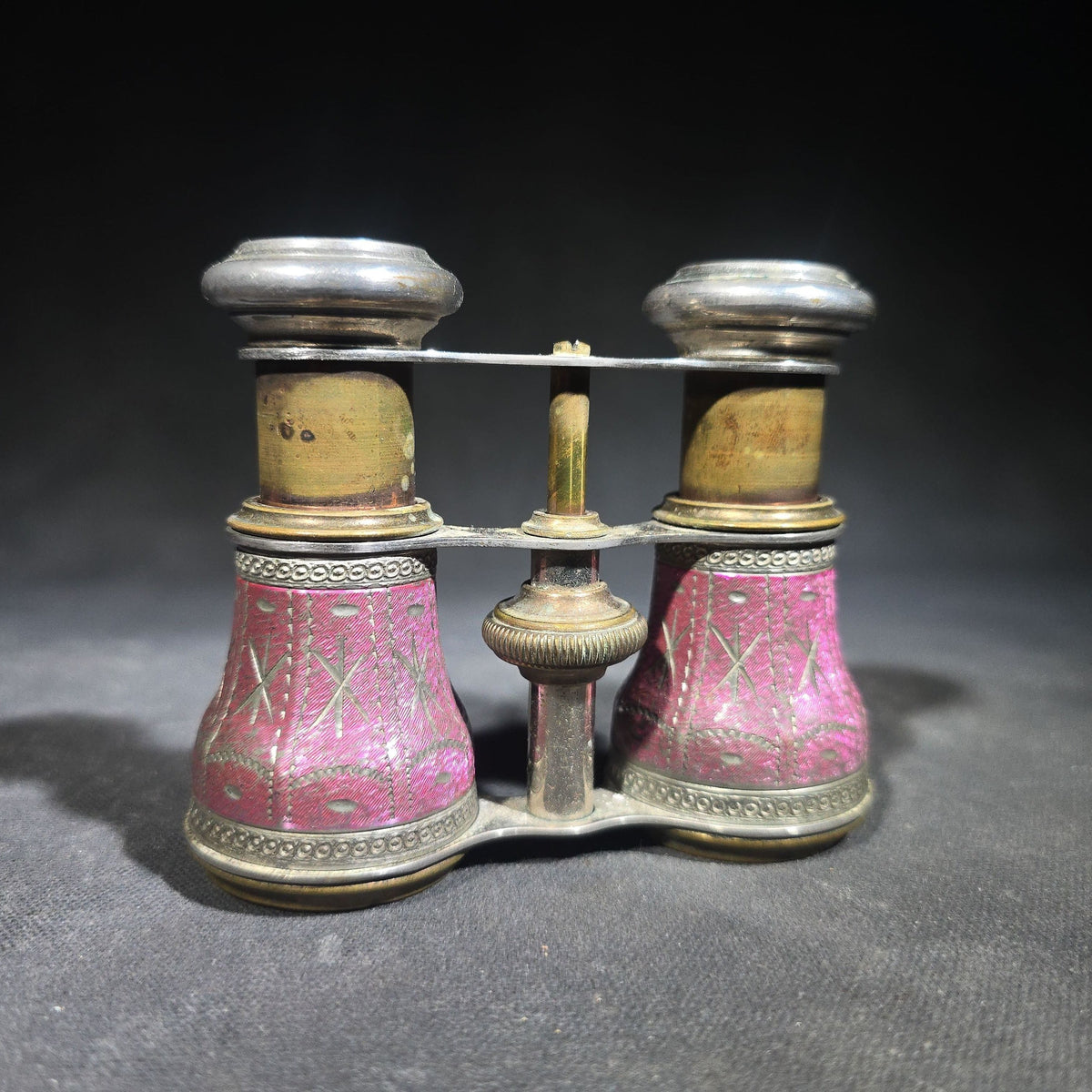 Antique Enameled Opera Glasses with Fabric Pouch, Manufactured by Chevalier, Paris