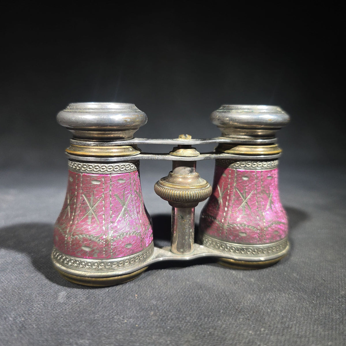 Antique Enameled Opera Glasses with Fabric Pouch, Manufactured by Chevalier, Paris