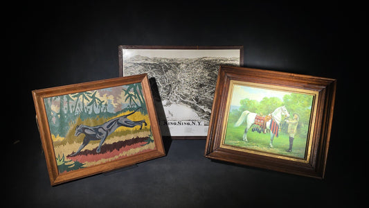 Trio of Antique and Vintage Framed Prints and Painting including Sing Sing, New York Bird's-Eye View, Buffalo Bill Cody with Horse Chromolithograph Print, and Paint-by-Number Panther
