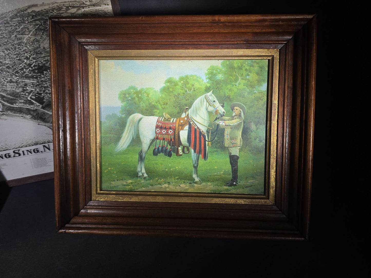 Trio of Antique and Vintage Framed Prints and Painting including Sing Sing, New York Bird's-Eye View, Buffalo Bill Cody with Horse Chromolithograph Print, and Paint-by-Number Panther