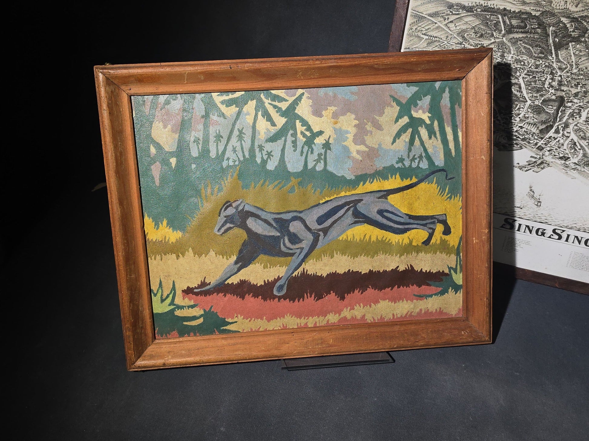 Trio of Antique and Vintage Framed Prints and Painting including Sing Sing, New York Bird's-Eye View, Buffalo Bill Cody with Horse Chromolithograph Print, and Paint-by-Number Panther