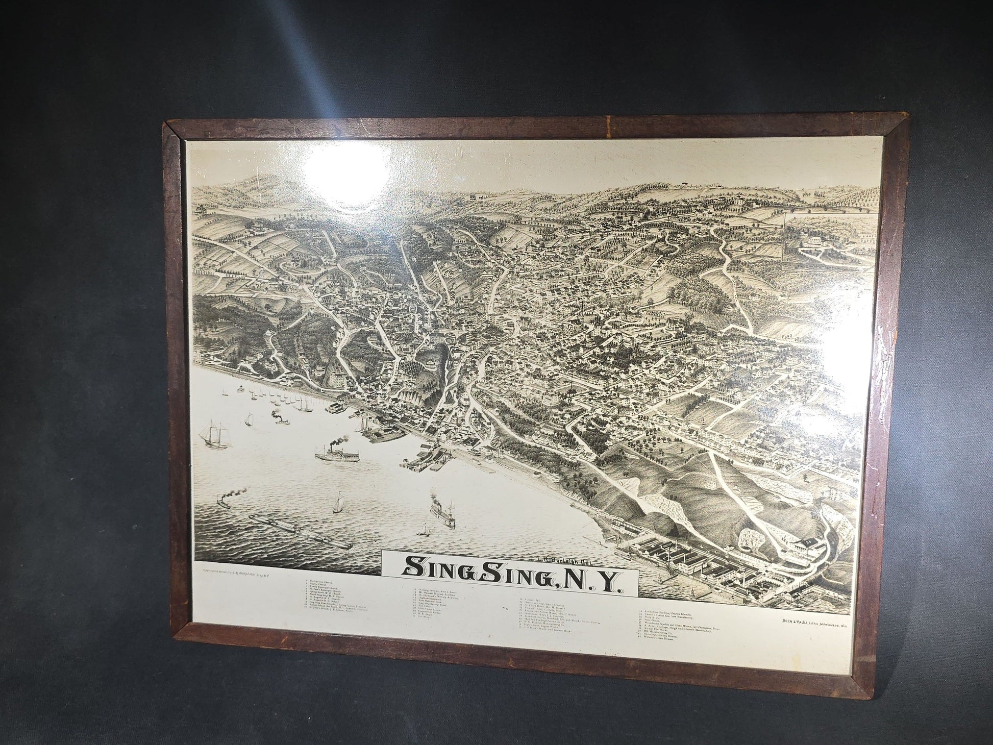 Trio of Antique and Vintage Framed Prints and Painting including Sing Sing, New York Bird's-Eye View, Buffalo Bill Cody with Horse Chromolithograph Print, and Paint-by-Number Panther