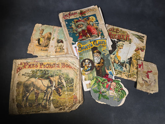 Grouping of Antique Craft Grade Illustrated Children's Books including "The Christmas Basket" by Mrs. Martha J. Lamb (1882), "Santa Claus & His Works" by McLoughlin Bros., "The Night Before Christmas," and Dean's Rag Book "Pets"
