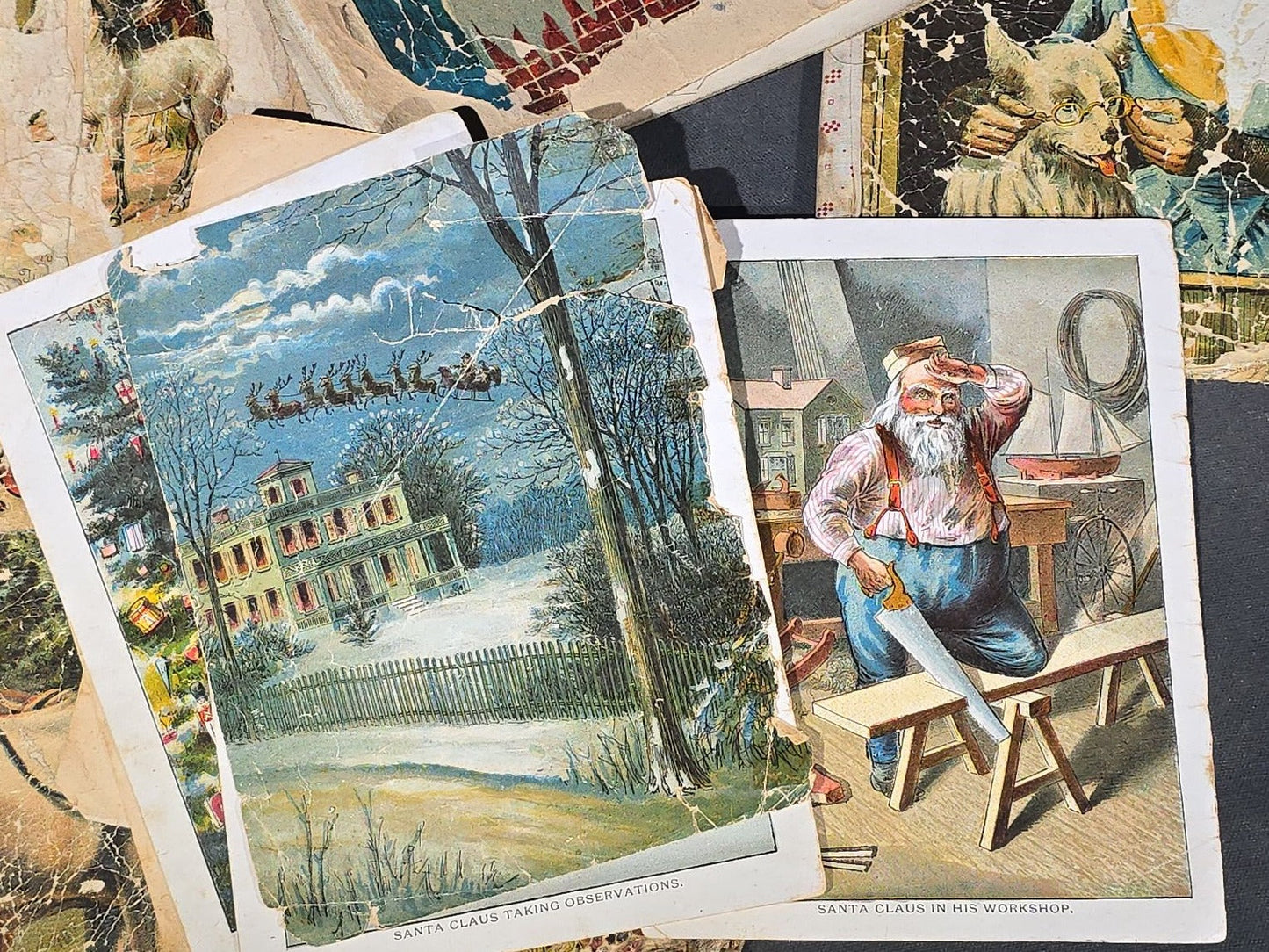 Grouping of Antique Craft Grade Illustrated Children's Books including "The Christmas Basket" by Mrs. Martha J. Lamb (1882), "Santa Claus & His Works" by McLoughlin Bros., "The Night Before Christmas," and Dean's Rag Book "Pets"