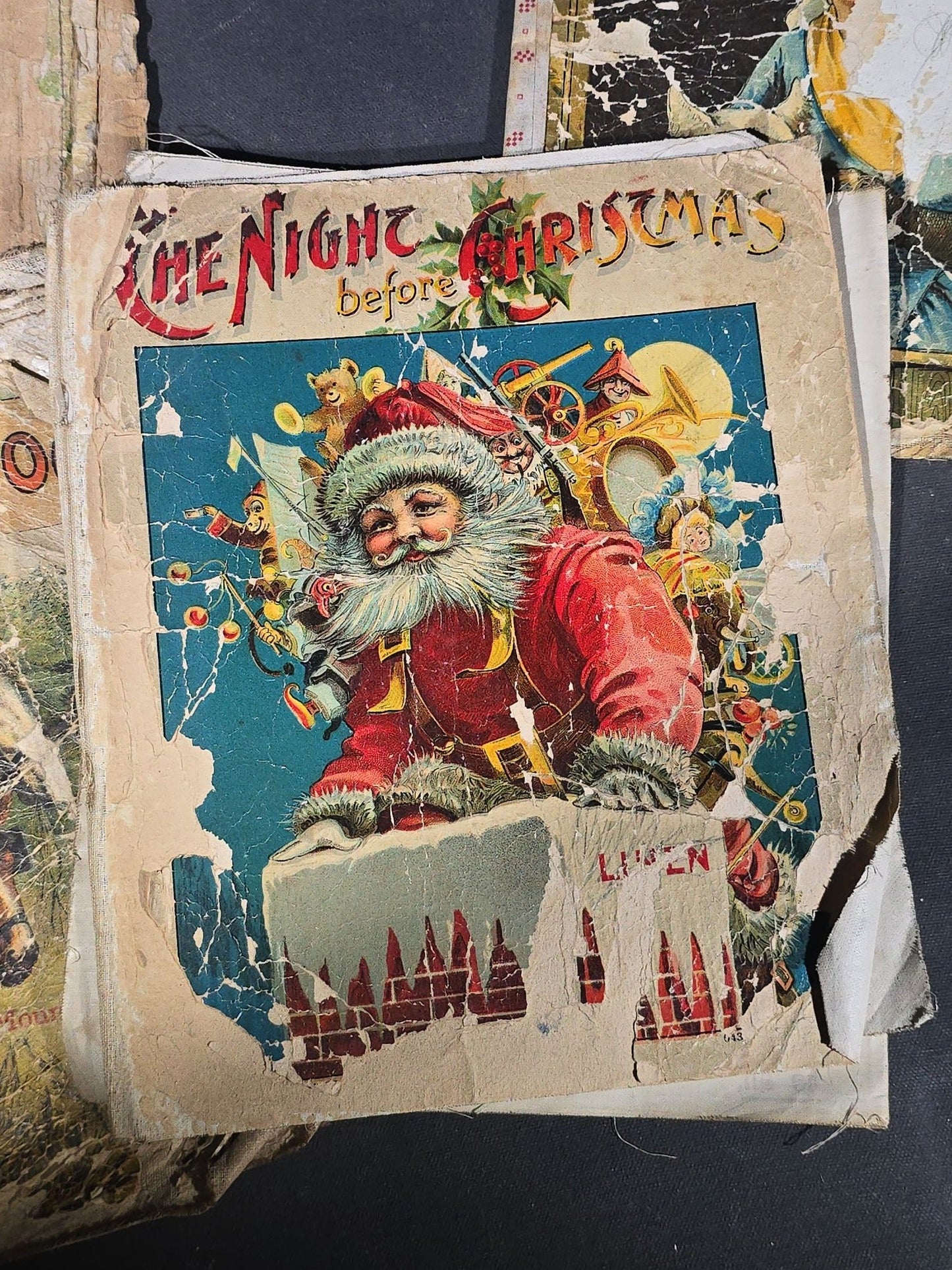 Grouping of Antique Craft Grade Illustrated Children's Books including "The Christmas Basket" by Mrs. Martha J. Lamb (1882), "Santa Claus & His Works" by McLoughlin Bros., "The Night Before Christmas," and Dean's Rag Book "Pets"