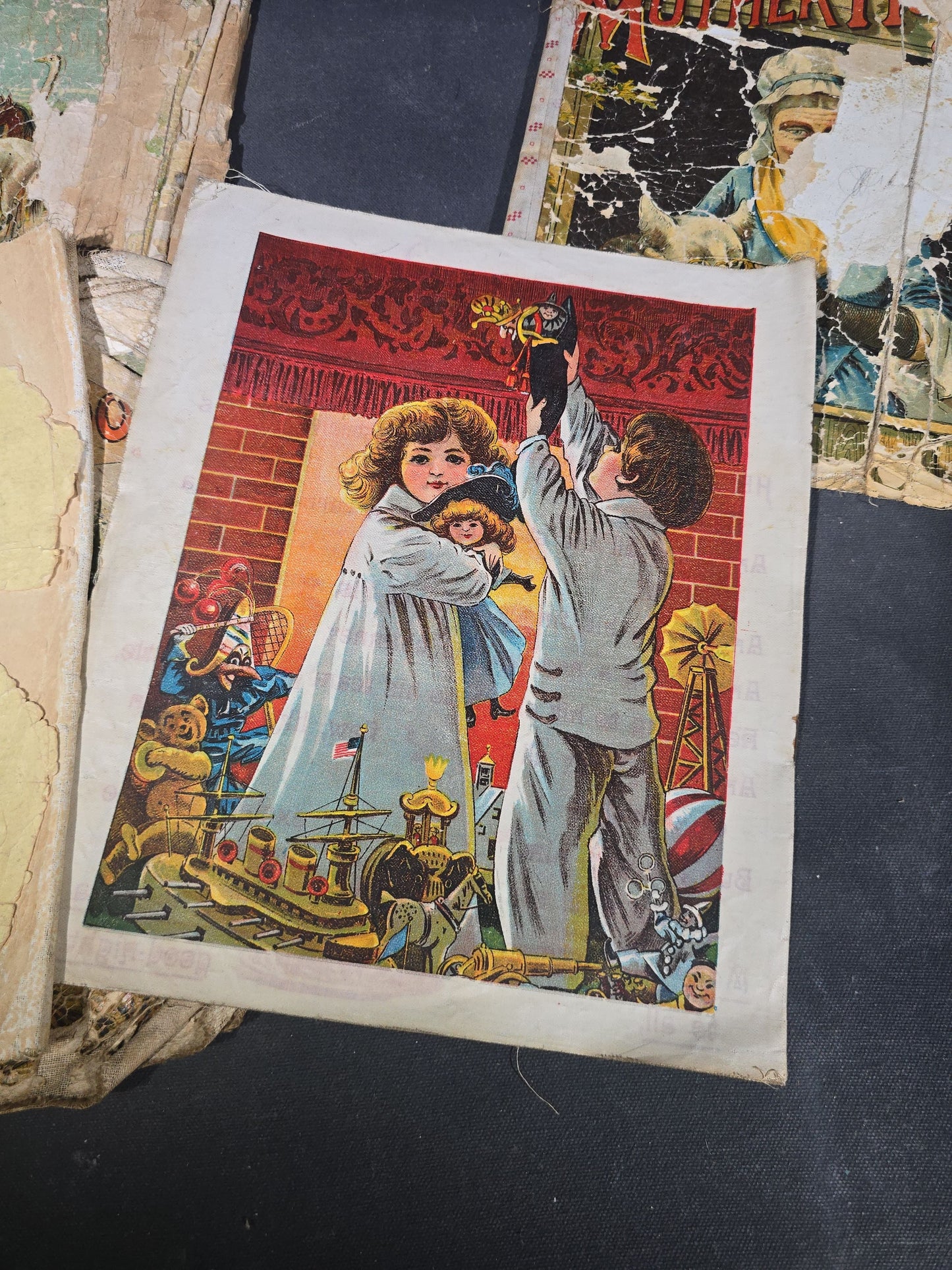 Grouping of Antique Craft Grade Illustrated Children's Books including "The Christmas Basket" by Mrs. Martha J. Lamb (1882), "Santa Claus & His Works" by McLoughlin Bros., "The Night Before Christmas," and Dean's Rag Book "Pets"