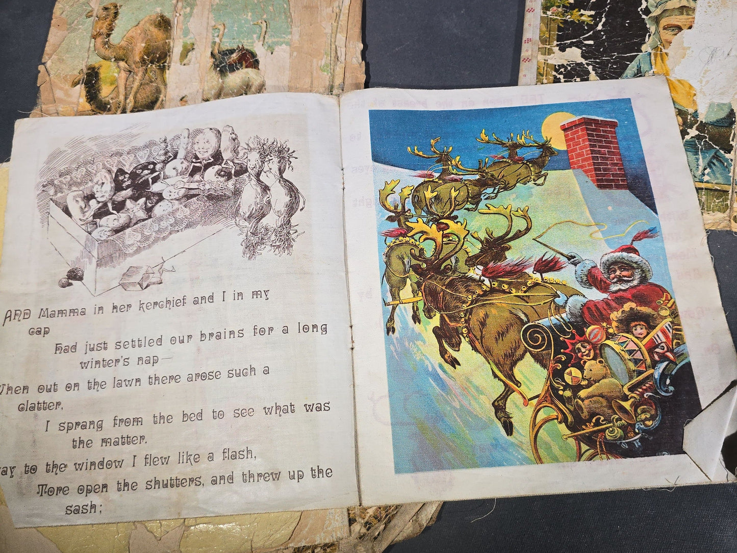 Grouping of Antique Craft Grade Illustrated Children's Books including "The Christmas Basket" by Mrs. Martha J. Lamb (1882), "Santa Claus & His Works" by McLoughlin Bros., "The Night Before Christmas," and Dean's Rag Book "Pets"