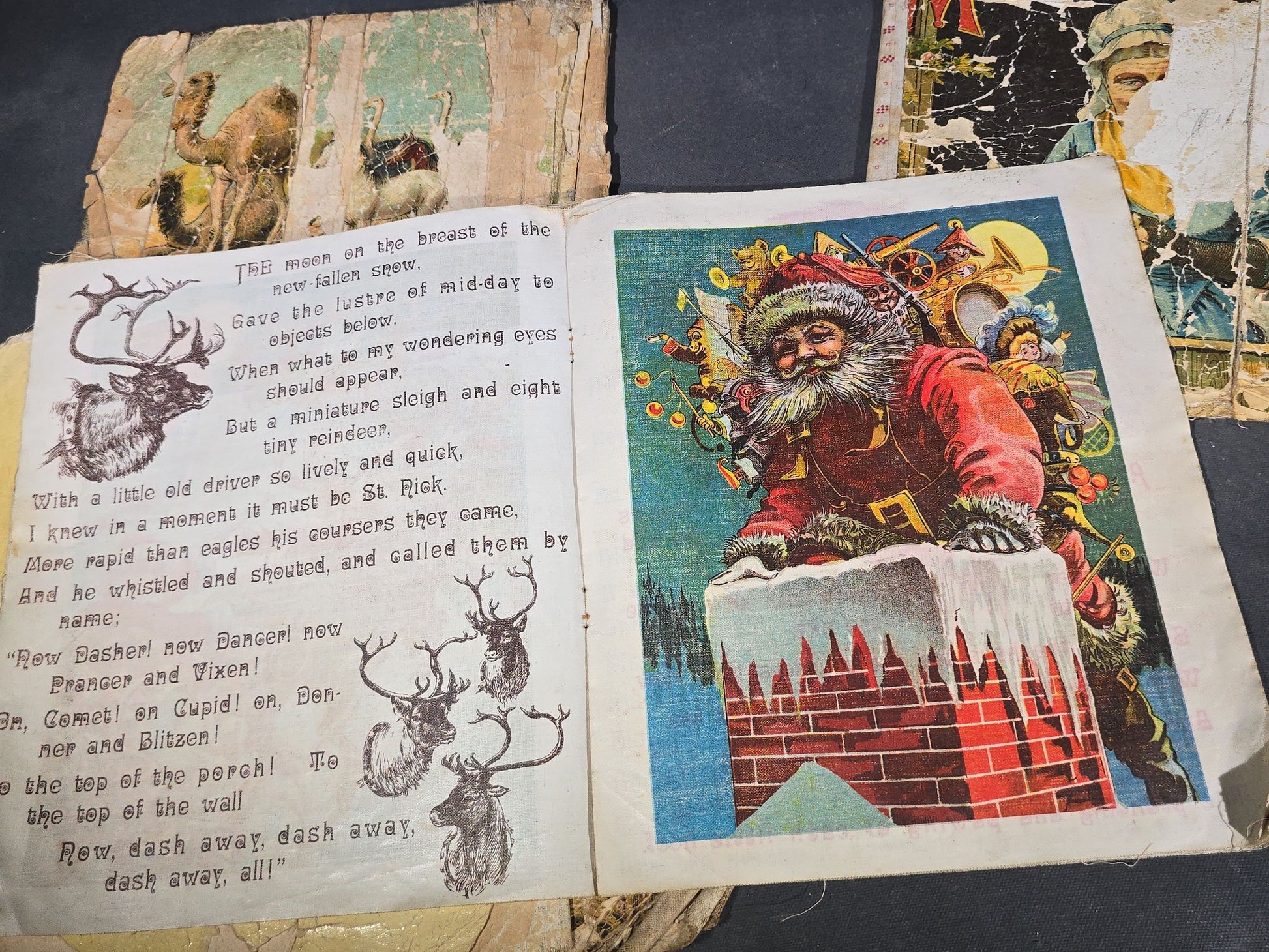 Grouping of Antique Craft Grade Illustrated Children's Books including "The Christmas Basket" by Mrs. Martha J. Lamb (1882), "Santa Claus & His Works" by McLoughlin Bros., "The Night Before Christmas," and Dean's Rag Book "Pets"
