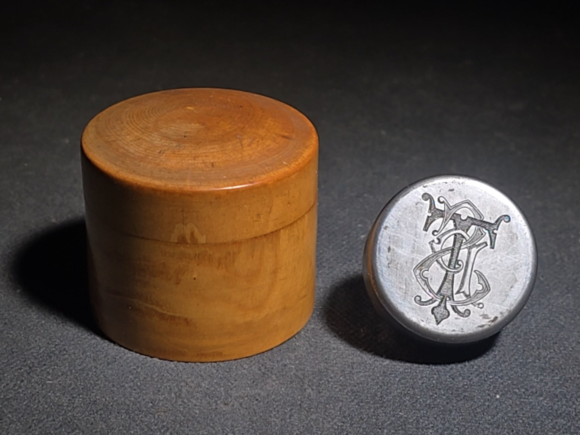 Antique Engraved Steel T.S.P. Monogram Die in Turned Wood Case