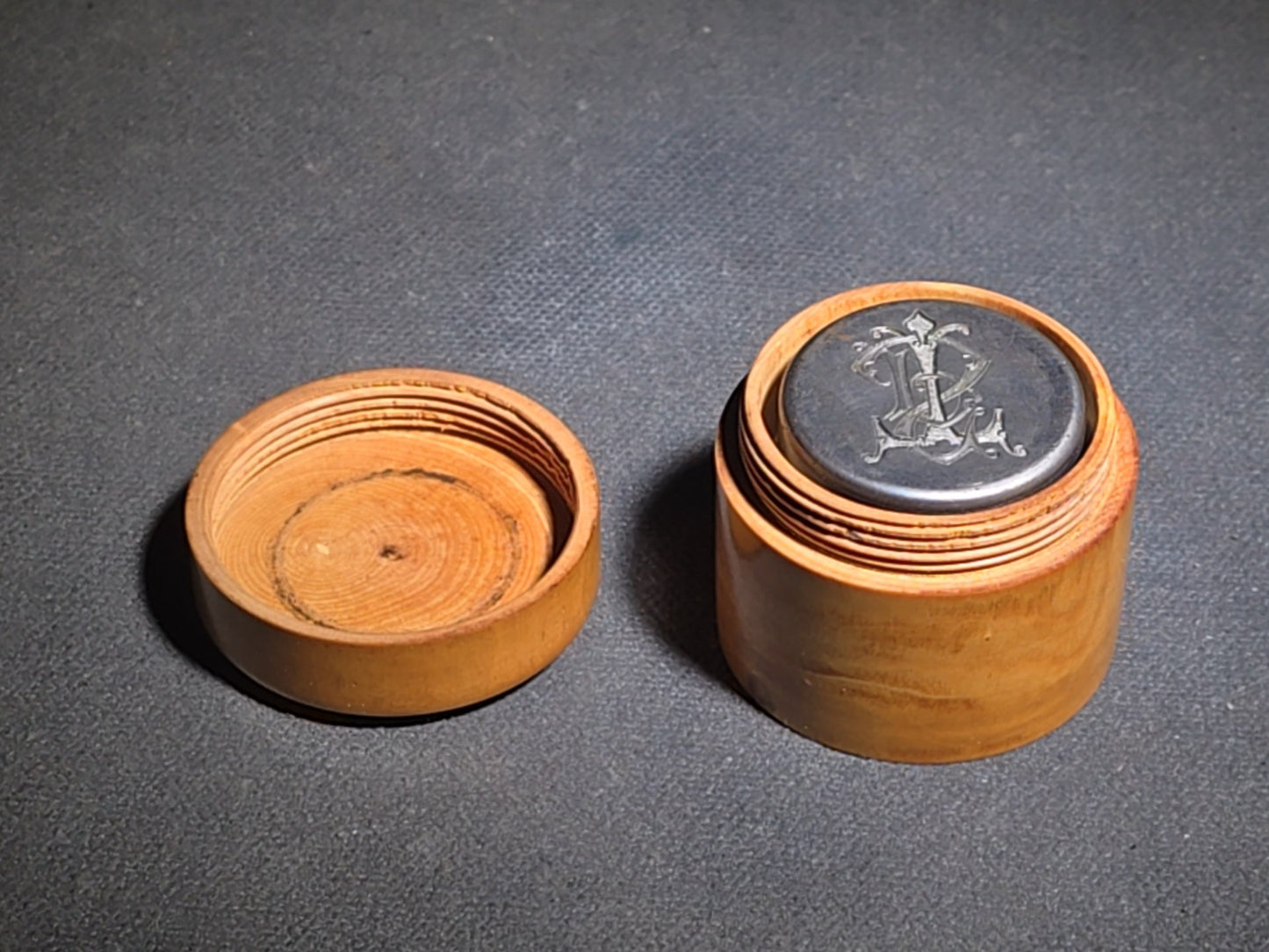 Antique Engraved Steel T.S.P. Monogram Die in Turned Wood Case