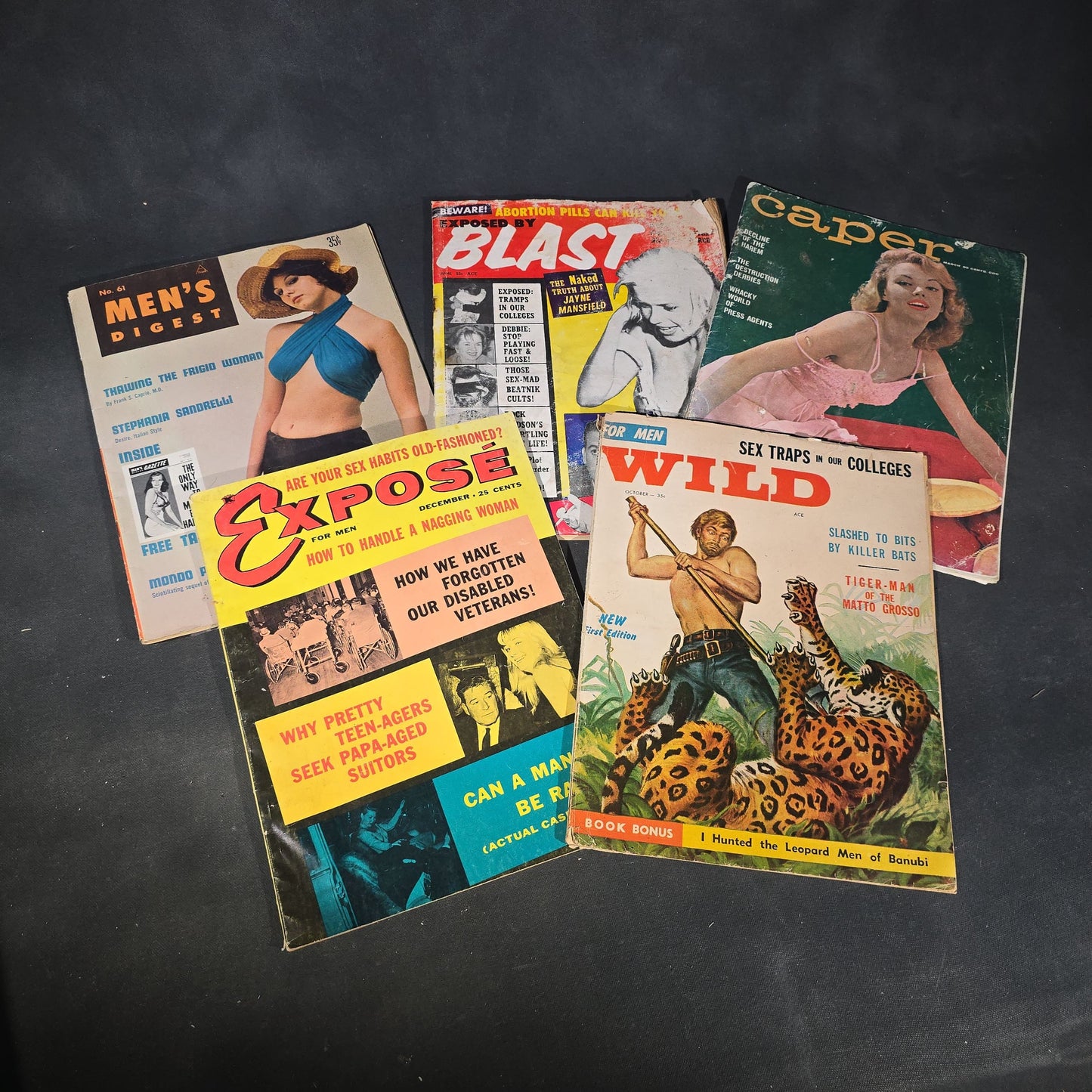 Grouping of Five Vintage Men's Magazines including "Wild" For Men First Edition by Ace, "Exposed by Blast," "Expose" For Men, "Men's Digest" No. 61, and "Caper"