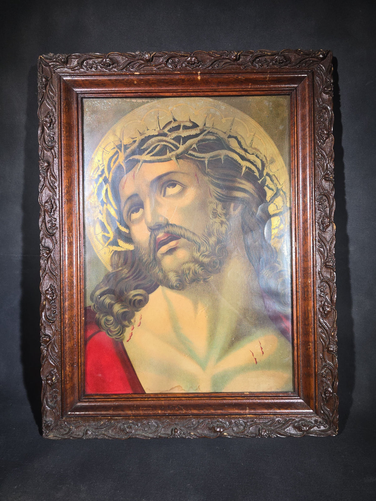 Antique Framed Chromolithograph Print of Jesus Christ with Crown of Thorns in Carved Wood Frame