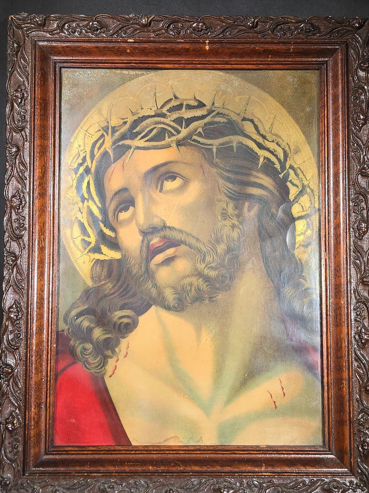 Antique Framed Chromolithograph Print of Jesus Christ with Crown of Thorns in Carved Wood Frame