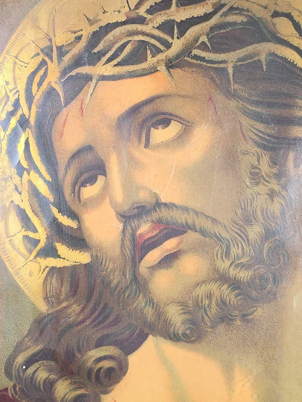 Antique Framed Chromolithograph Print of Jesus Christ with Crown of Thorns in Carved Wood Frame