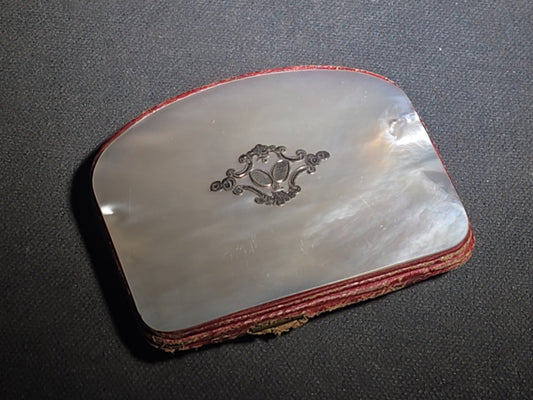 Antique Mother-of-Pearl Coin Purse with Engraved Silver Cartouche, Red Fabric Interior, and Push-Button Clasp