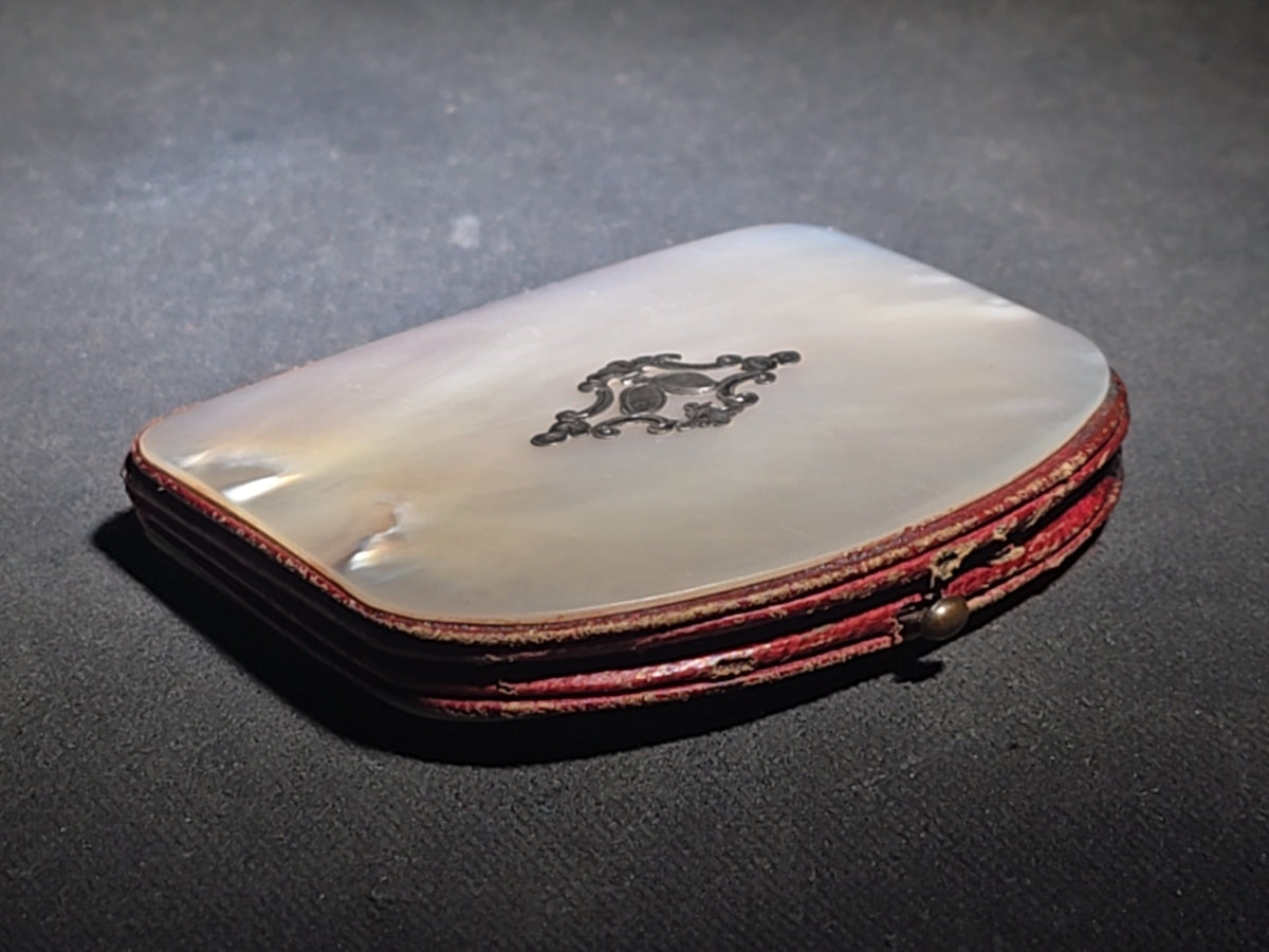 Antique Mother-of-Pearl Coin Purse with Engraved Silver Cartouche, Red Fabric Interior, and Push-Button Clasp