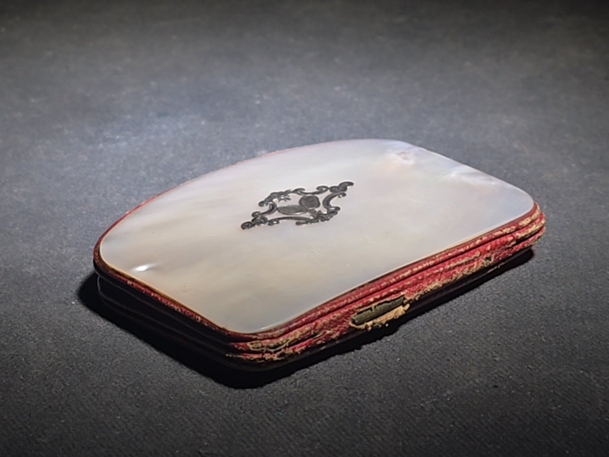 Antique Mother-of-Pearl Coin Purse with Engraved Silver Cartouche, Red Fabric Interior, and Push-Button Clasp