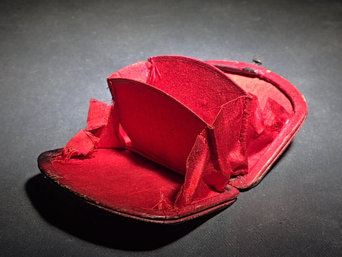 Antique Mother-of-Pearl Coin Purse with Engraved Silver Cartouche, Red Fabric Interior, and Push-Button Clasp