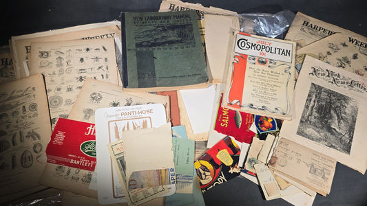 Grouping of Antique and Vintage Ephemera including 1865 Harper's Weekly Issues, July 1906 Cosmopolitan Magazine, Gustave Dore "Rime of the Ancient Mariner" Prints, 1837 Hand-Colored Fashion Plate, and Product Labels