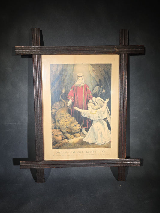 Antique "Daniel in the Lions' Den" Hand-Colored Lithograph Print, Published by Currier & Ives, 115 Nassau Street, New York, in Cross-Corner Frame