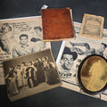 Lot 164 - Grouping of Antique and Vintage Ephemera Including 1877 "Shakespearian Annual Almanac" By Dr. O. Phelps Brown, "Grandma's Attic Treasures" Embossed Leather Book, Vintage Movie Advertisement Pages, and Celluloid Photo Oval Portrait Button