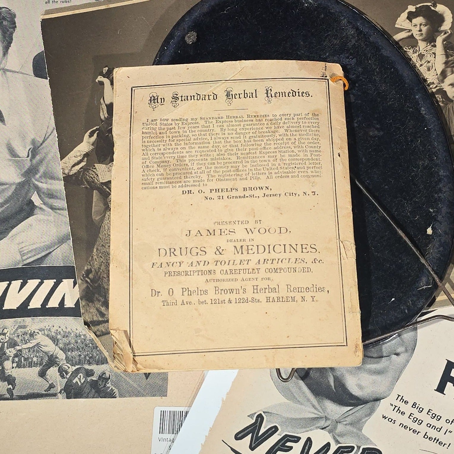 Grouping of Antique and Vintage Ephemera including 1877 "Shakespearian Annual Almanac" by Dr. O. Phelps Brown, "Grandma's Attic Treasures" Embossed Leather Book, Vintage Movie Advertisement Pages, and Celluloid Photo Oval Portrait Button