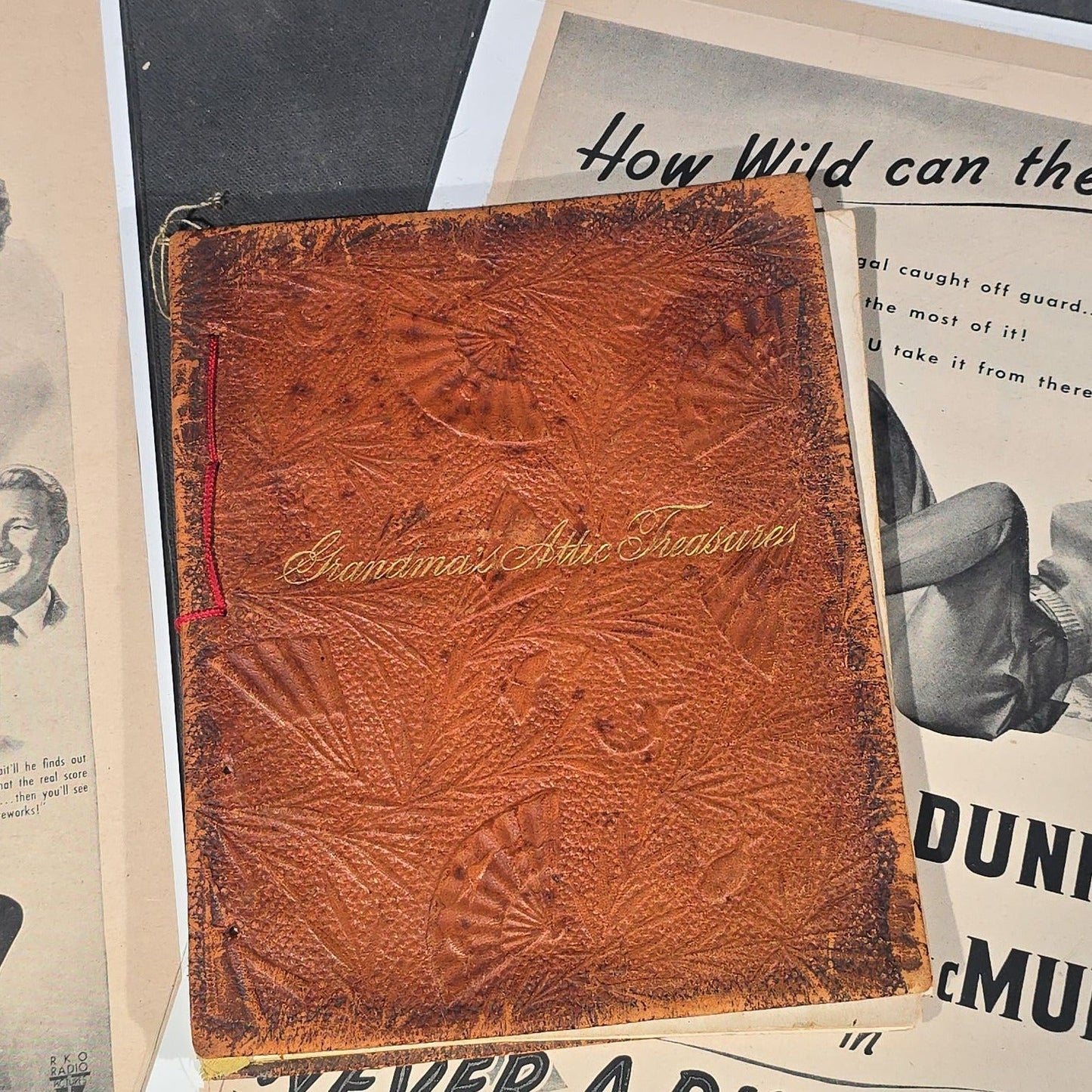 Grouping of Antique and Vintage Ephemera including 1877 "Shakespearian Annual Almanac" by Dr. O. Phelps Brown, "Grandma's Attic Treasures" Embossed Leather Book, Vintage Movie Advertisement Pages, and Celluloid Photo Oval Portrait Button