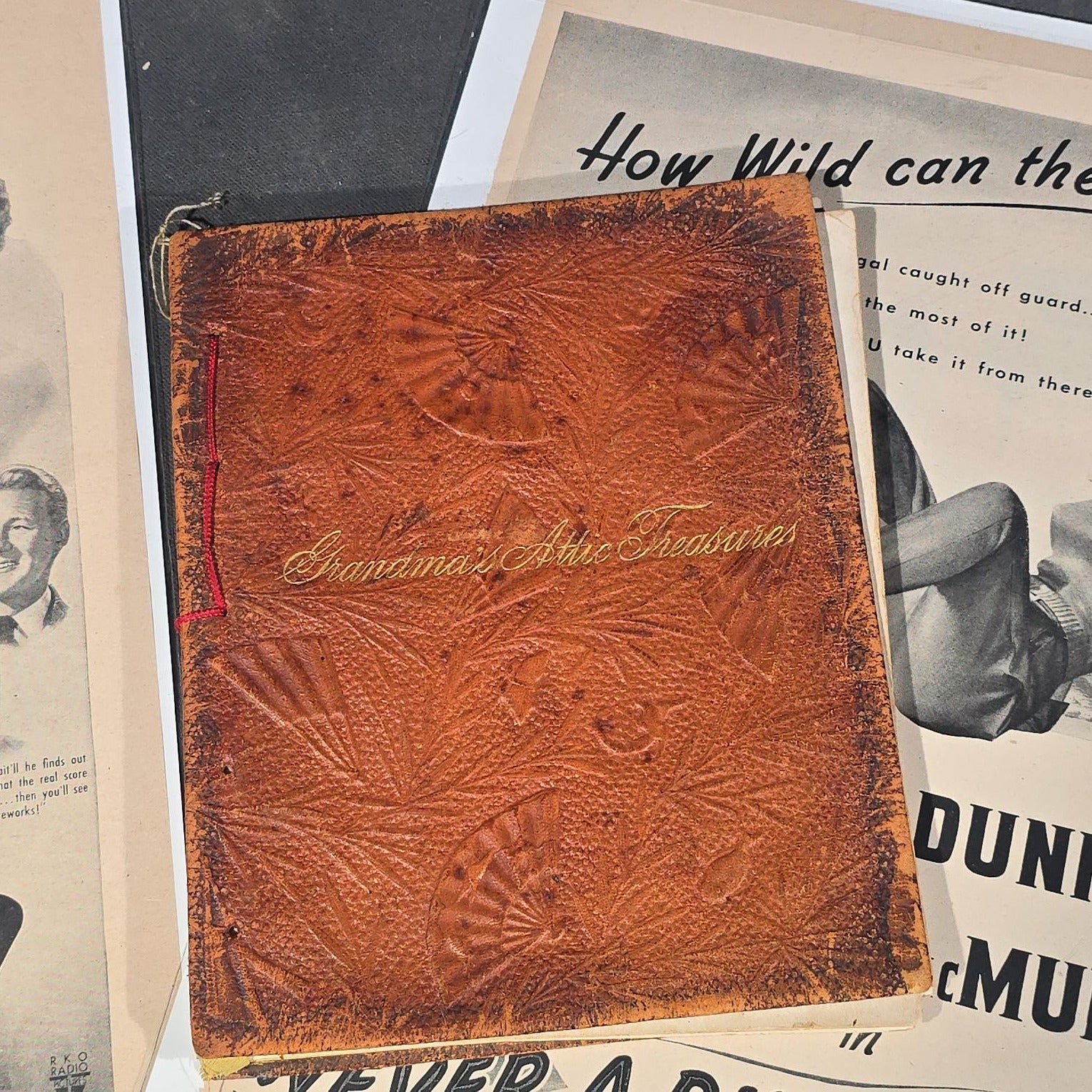 Grouping of Antique and Vintage Ephemera including 1877 "Shakespearian Annual Almanac" by Dr. O. Phelps Brown, "Grandma's Attic Treasures" Embossed Leather Book, Vintage Movie Advertisement Pages, and Celluloid Photo Oval Portrait Button