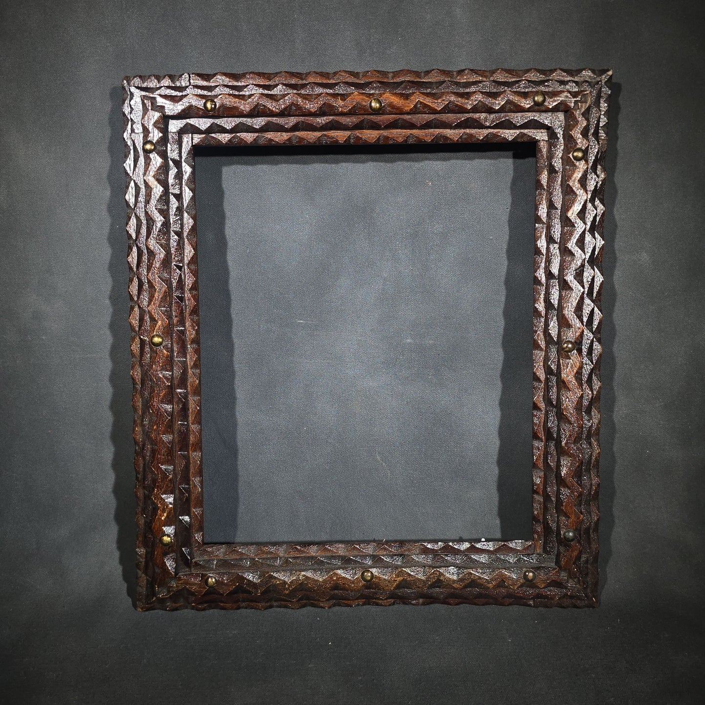 Antique Tramp Art Chip-Carved Wooden Picture Frame with Brass Tack Accents