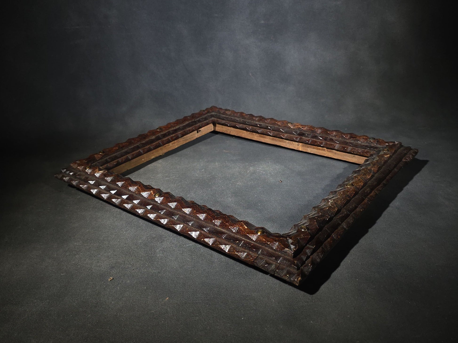 Antique Tramp Art Chip-Carved Wooden Picture Frame with Brass Tack Accents