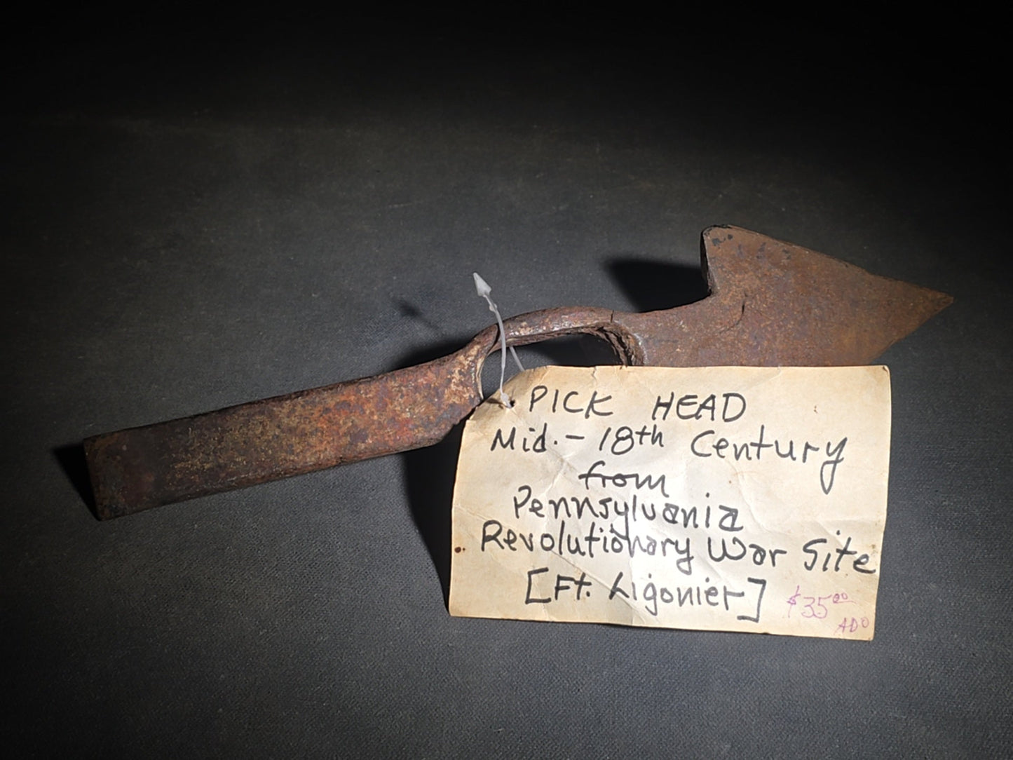 Antique Iron Pick Head with Collector's Tag Noting Mid-18th Century, from Pennsylvania Revolutionary War Site, Fort Ligonier