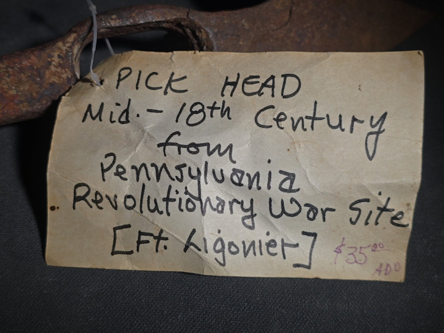 Antique Iron Pick Head with Collector's Tag Noting Mid-18th Century, from Pennsylvania Revolutionary War Site, Fort Ligonier