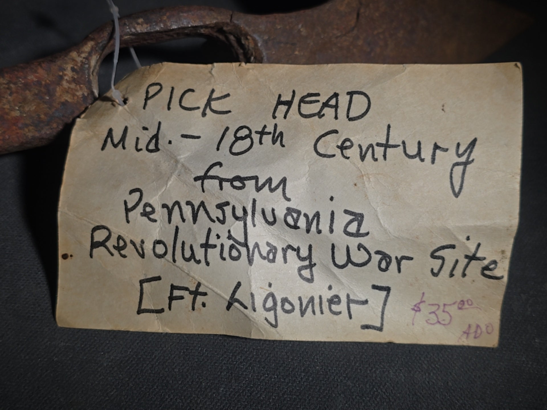 Antique Iron Pick Head with Collector's Tag Noting Mid-18th Century, from Pennsylvania Revolutionary War Site, Fort Ligonier